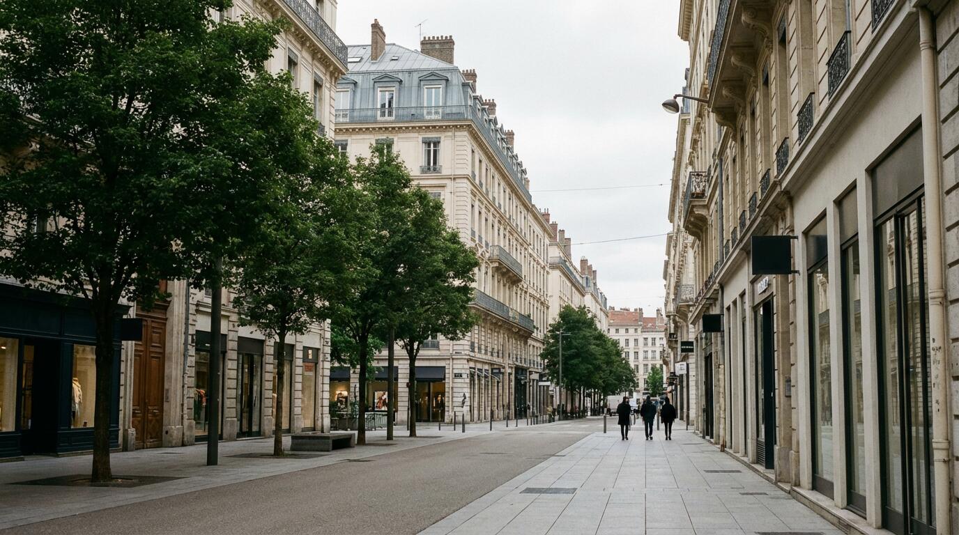 Rue commerçante du 6ème arrondissement de Lyon avec façades haussmanniennes