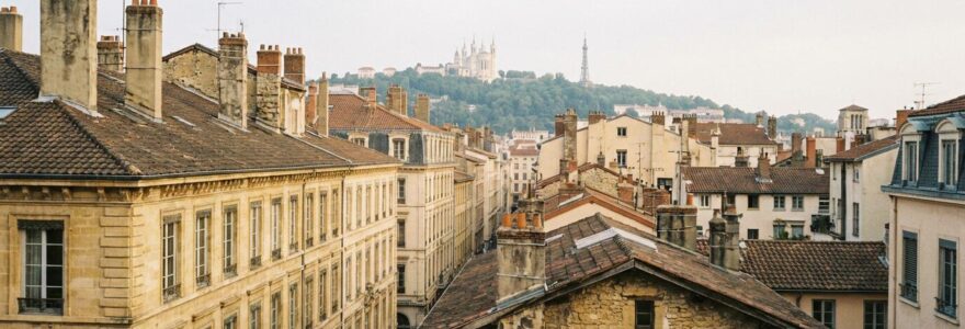 Vue panoramique sur les toits et façades haussmanniennes de Lyon avec la colline de Fourvière en arrière-plan