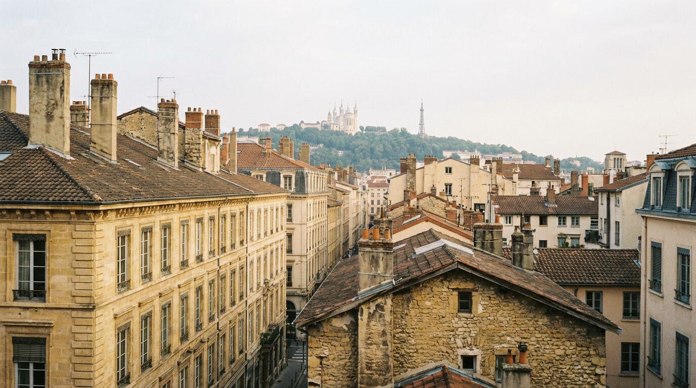 Vue panoramique sur les toits et façades haussmanniennes de Lyon avec la colline de Fourvière en arrière-plan