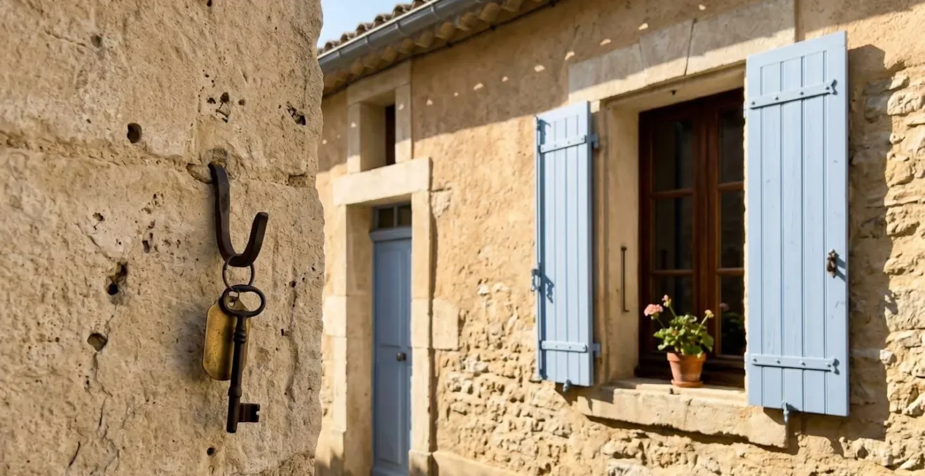 Clé suspendue devant une façade de maison méditerranéenne en pierre ocre avec volets bleus