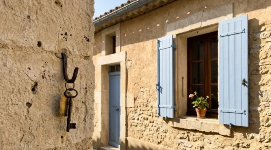 Clé suspendue devant une façade de maison méditerranéenne en pierre ocre avec volets bleus