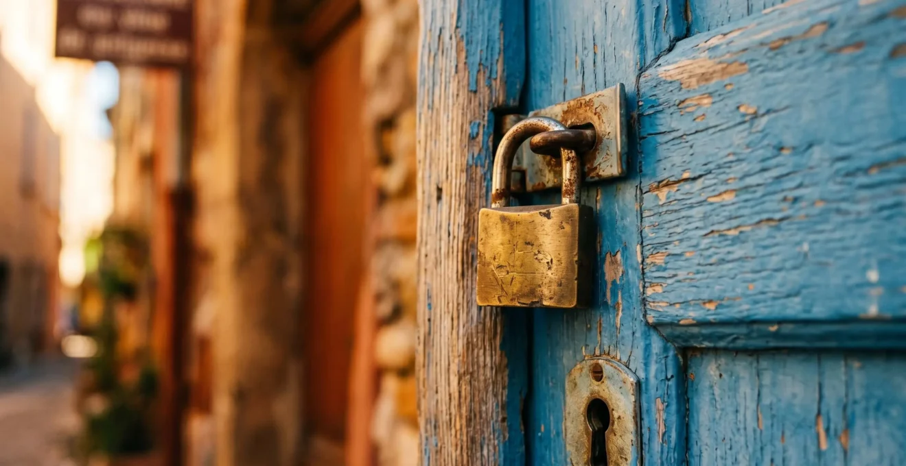 Gros plan d'un cadenas en laiton patiné sur une porte en bois bleu méditerranéen