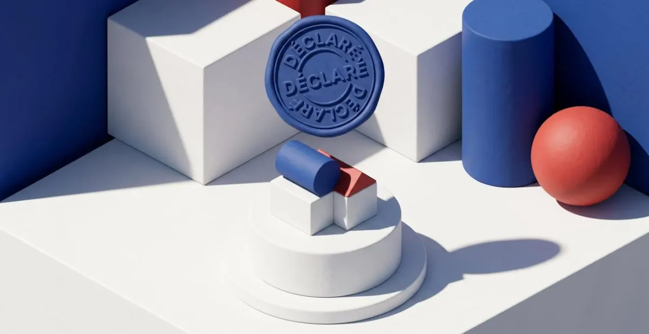 Illustration 3D isométrique d'une maquette de maison avec un tampon officiel 'Déclaré' flottant au-dessus