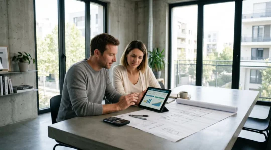 Couple consultant un simulateur de prêt immobilier sur une tablette dans un appartement contemporain avec plans et calculateur sur la table