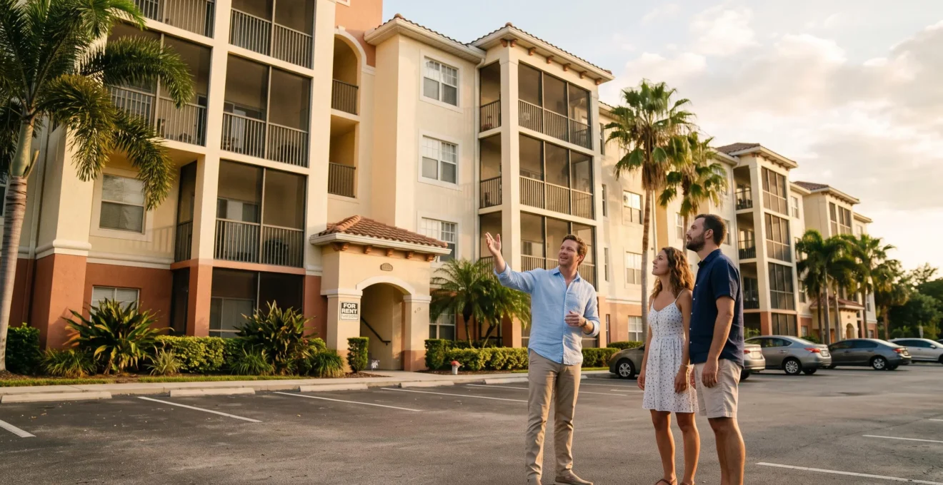 Un agent immobilier montre un immeuble de condominiums avec palmiers à un couple, sur un parking en Floride en fin de journée.