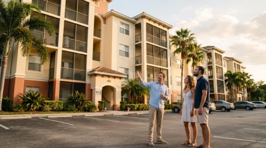 Un agent immobilier montre un immeuble de condominiums avec palmiers à un couple, sur un parking en Floride en fin de journée.