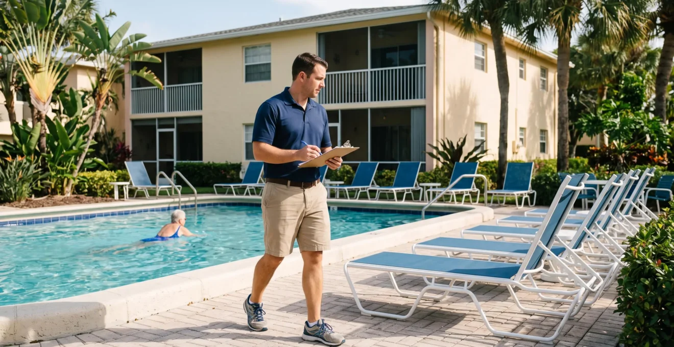 Un gestionnaire de résidence inspecte la piscine d'un complexe de condominiums à Miami, avec un résident nageant en arrière-plan.