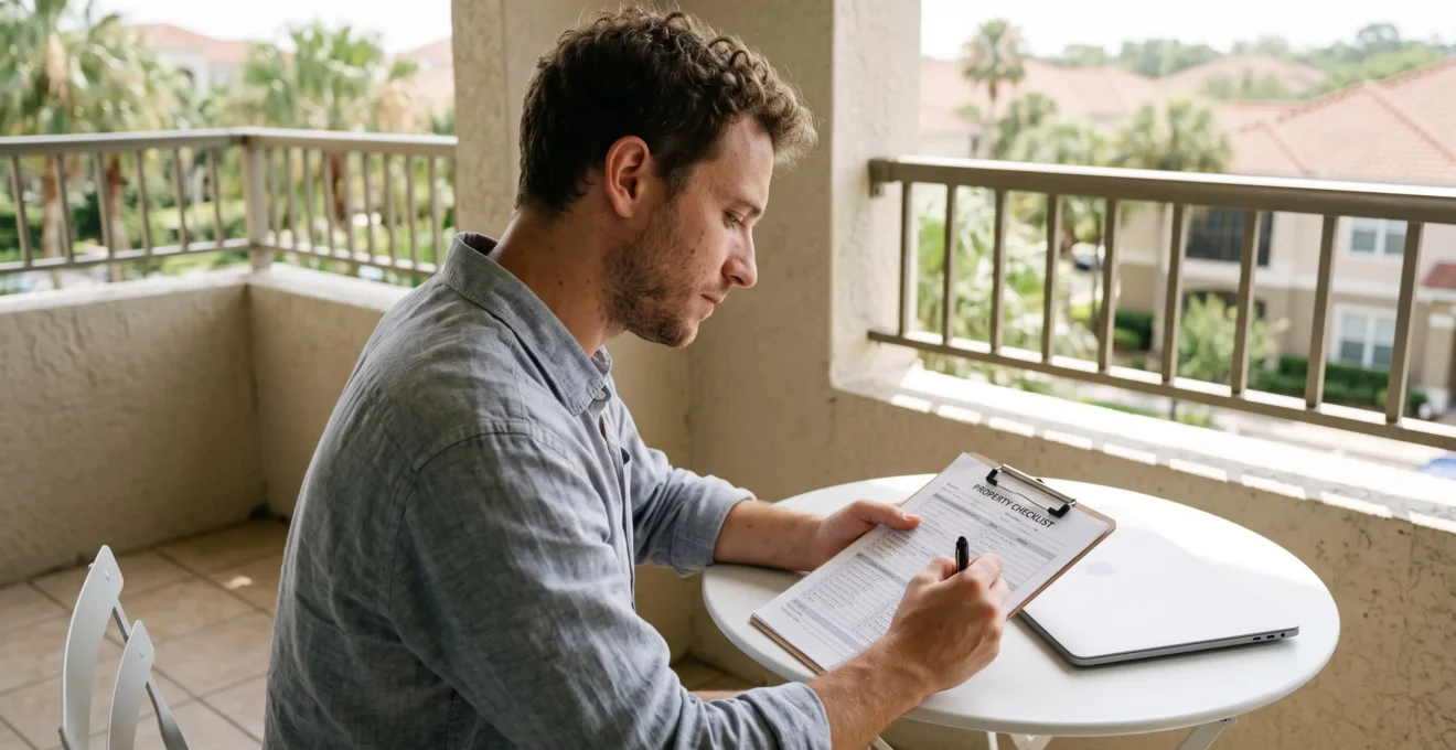 Un investisseur assis sur un balcon note des informations sur une liste de vérification imprimée, avec des toits de condominiums en arrière-plan.