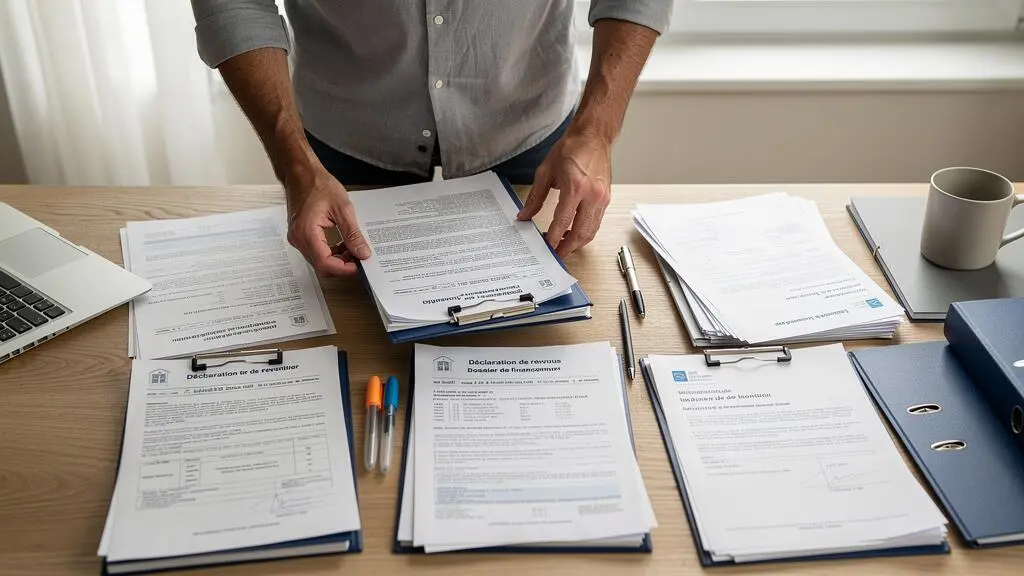 Investisseur immobilier préparant et organisant un dossier de demande de prêt pour un bien occupé